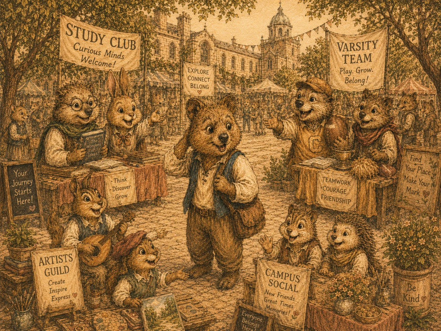 An adorable quokka looking around at a college fair at all the group options